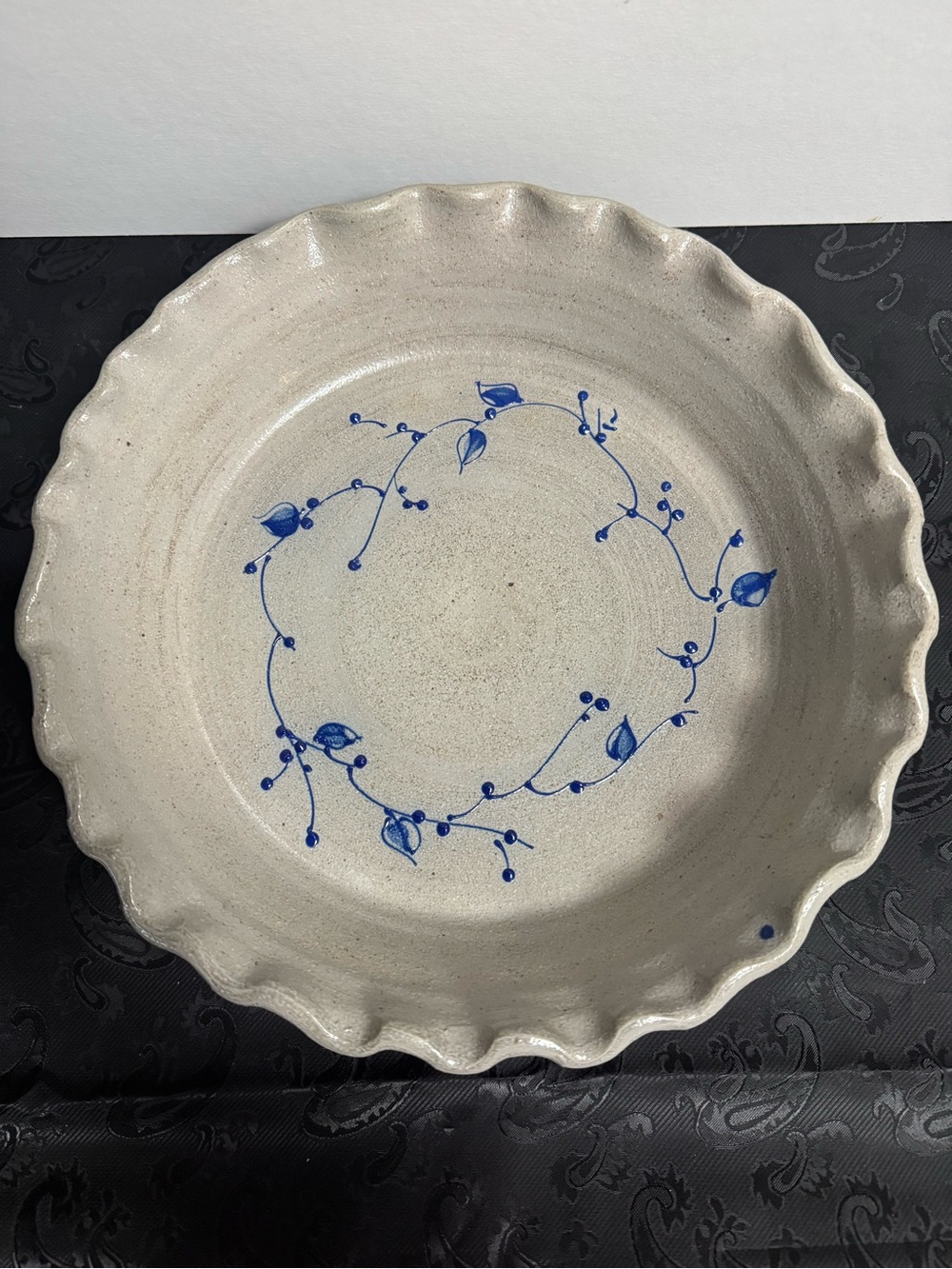 Handcrafted Pottery Pie Plate with Blueberry Vine Accent